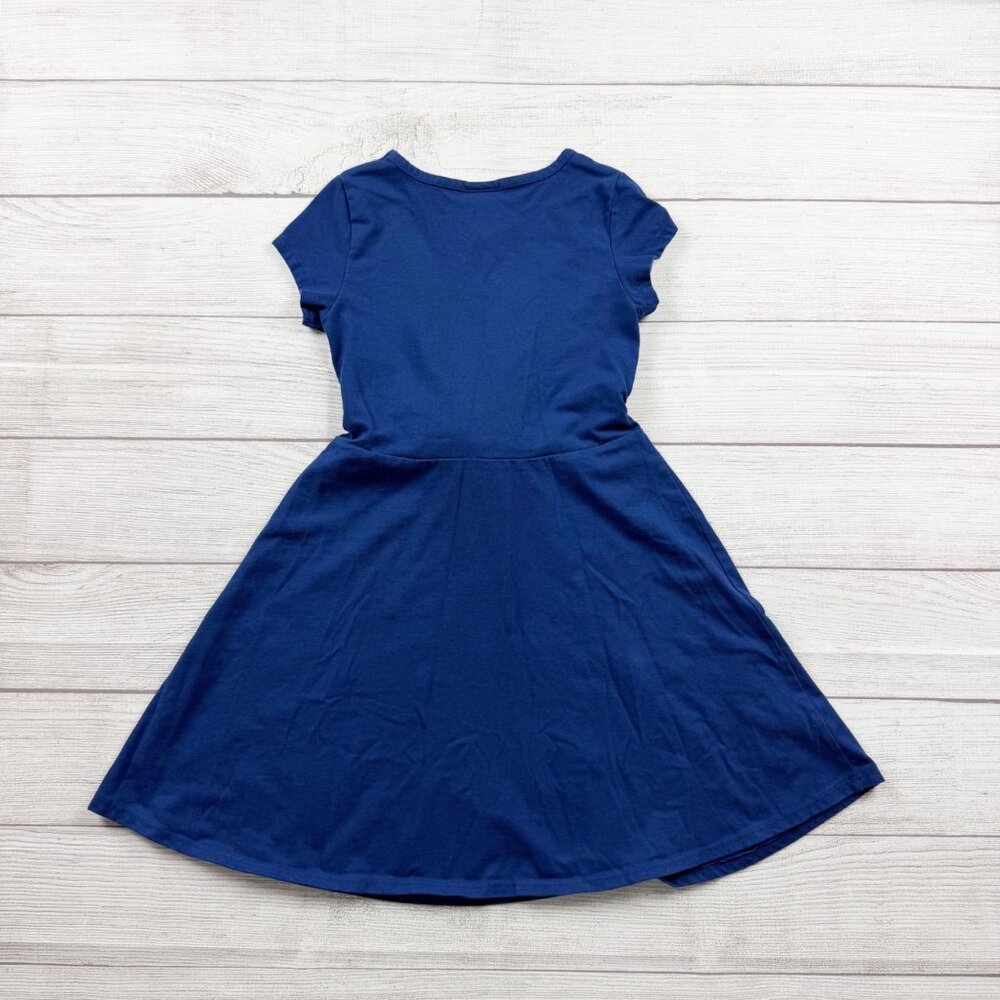 Disney Girls Blue Dress Short Sleeve Logo Dress Pink Belt Fit Flare M 7-8 - Picture 3 of 3